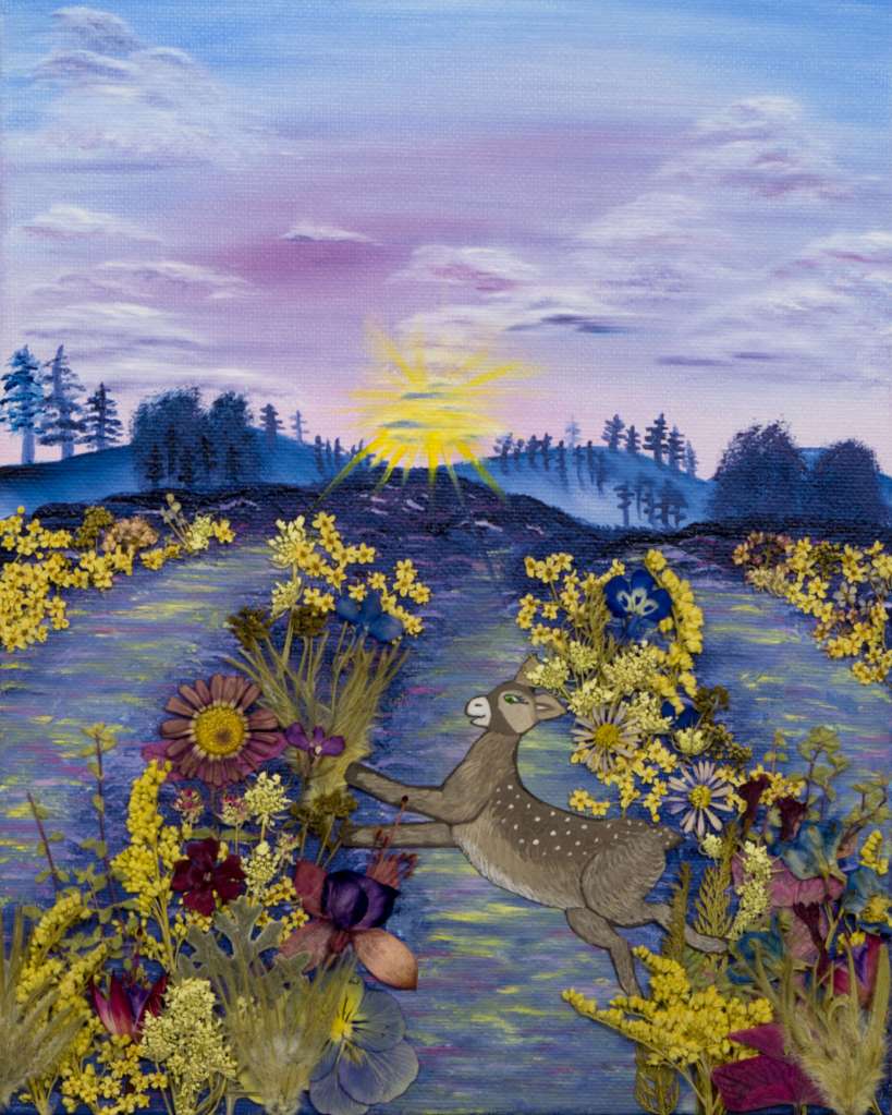 Illustration of Dallas the Deer frolicking in meadows full of flowers