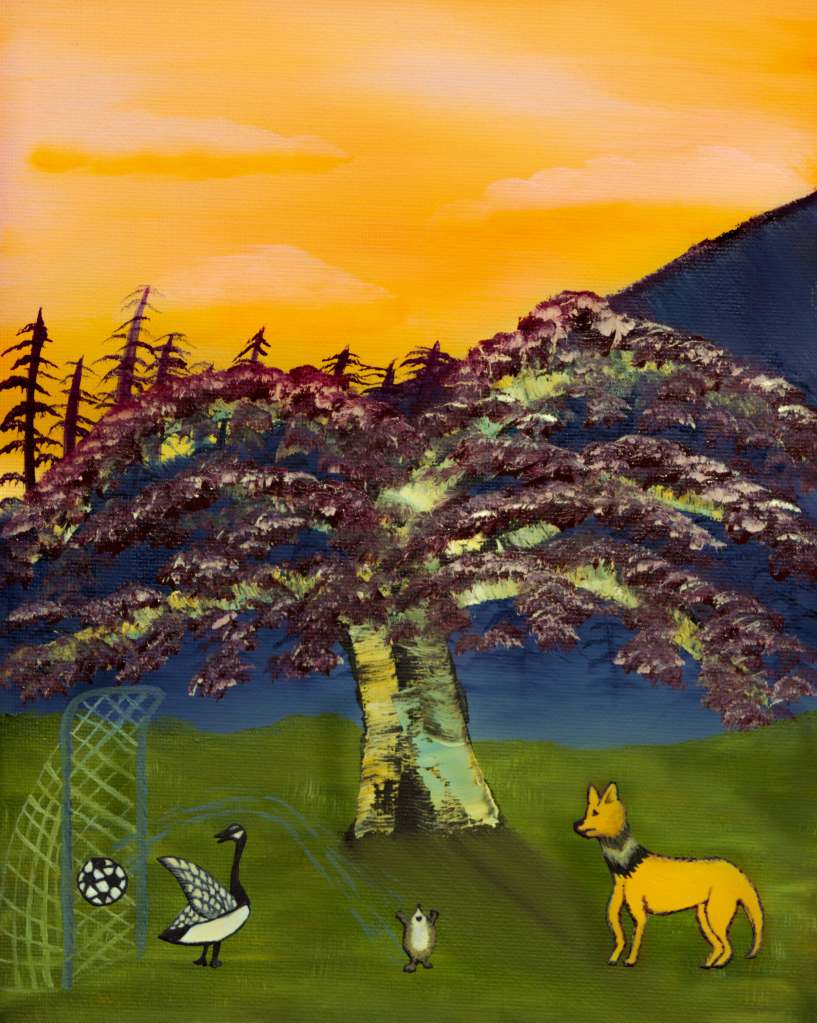 Illustration of Herbie the Hedgehog scoring soccer goals as Cole the Coyote looks sad while watching