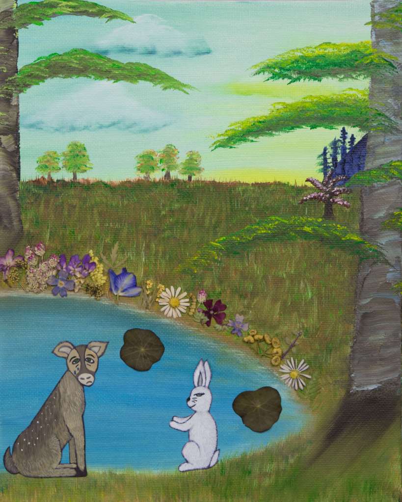 A painting of a deer crying and a bunny trying to comfort them in front of a pond