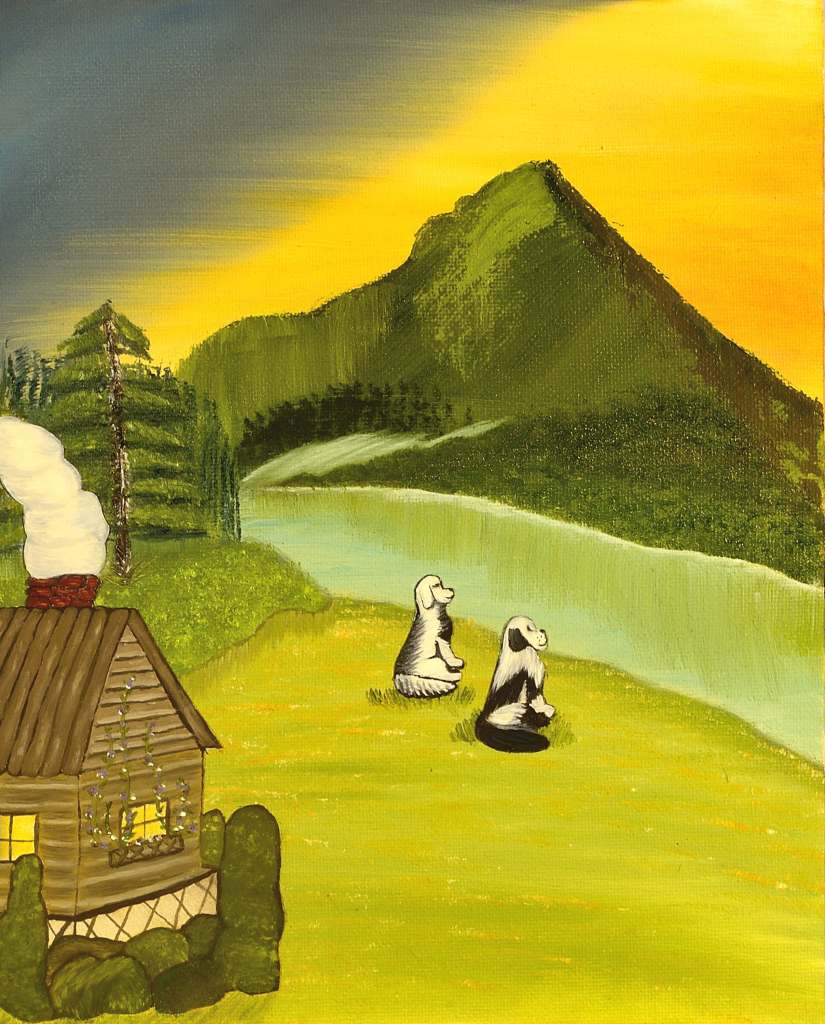 Illustration of two dogs talking by the river  with a mountain in the background and a cabin 