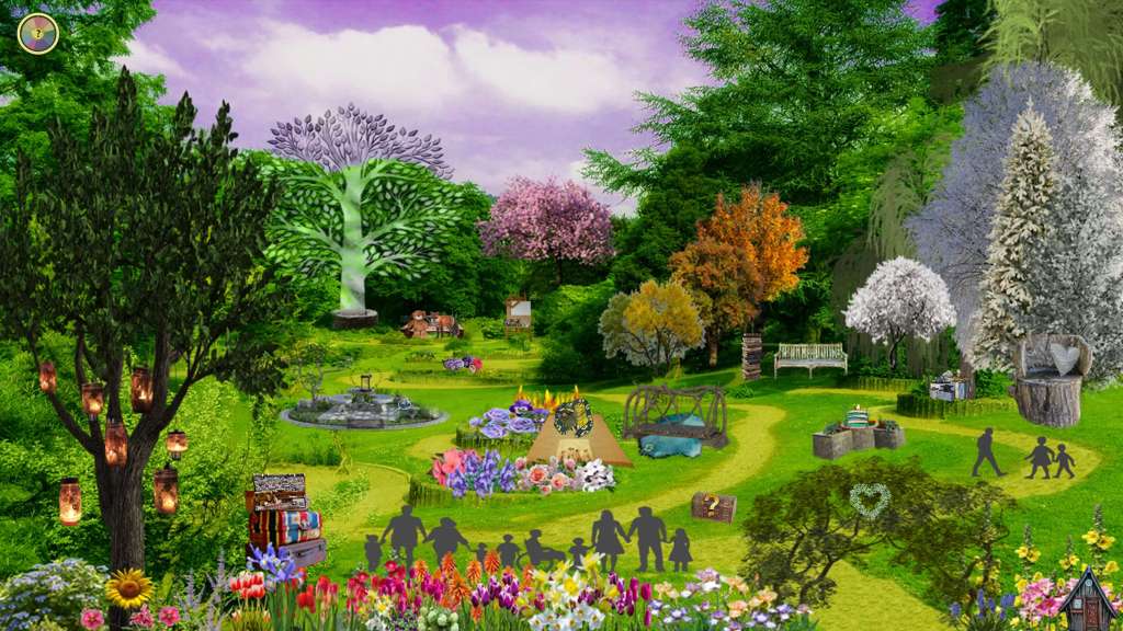 A virtual space that looks like a garden with small images to choose activities focused on grief and loss