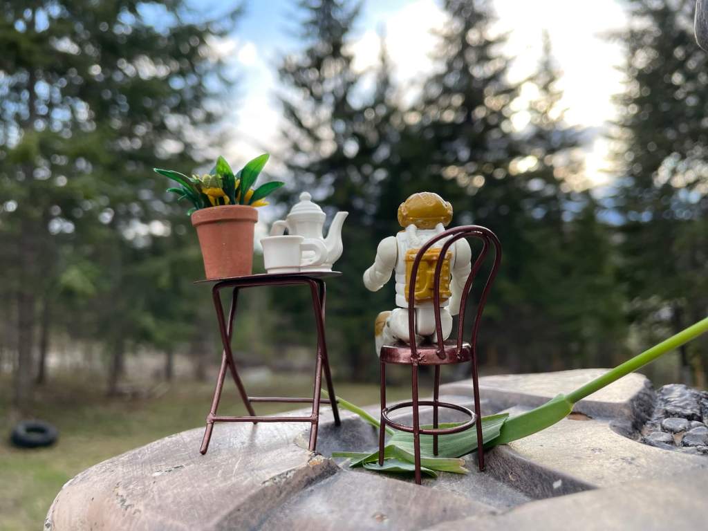Toy sitting and staring off into the sunset, with tea pot, tea cup, and sunflower plant on table out in nature
