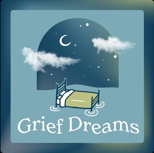 A green bed in water with 2 clouds and a starry night sky behind it. Below the bed are the words "Grief Dreams" written in a wavy font. 