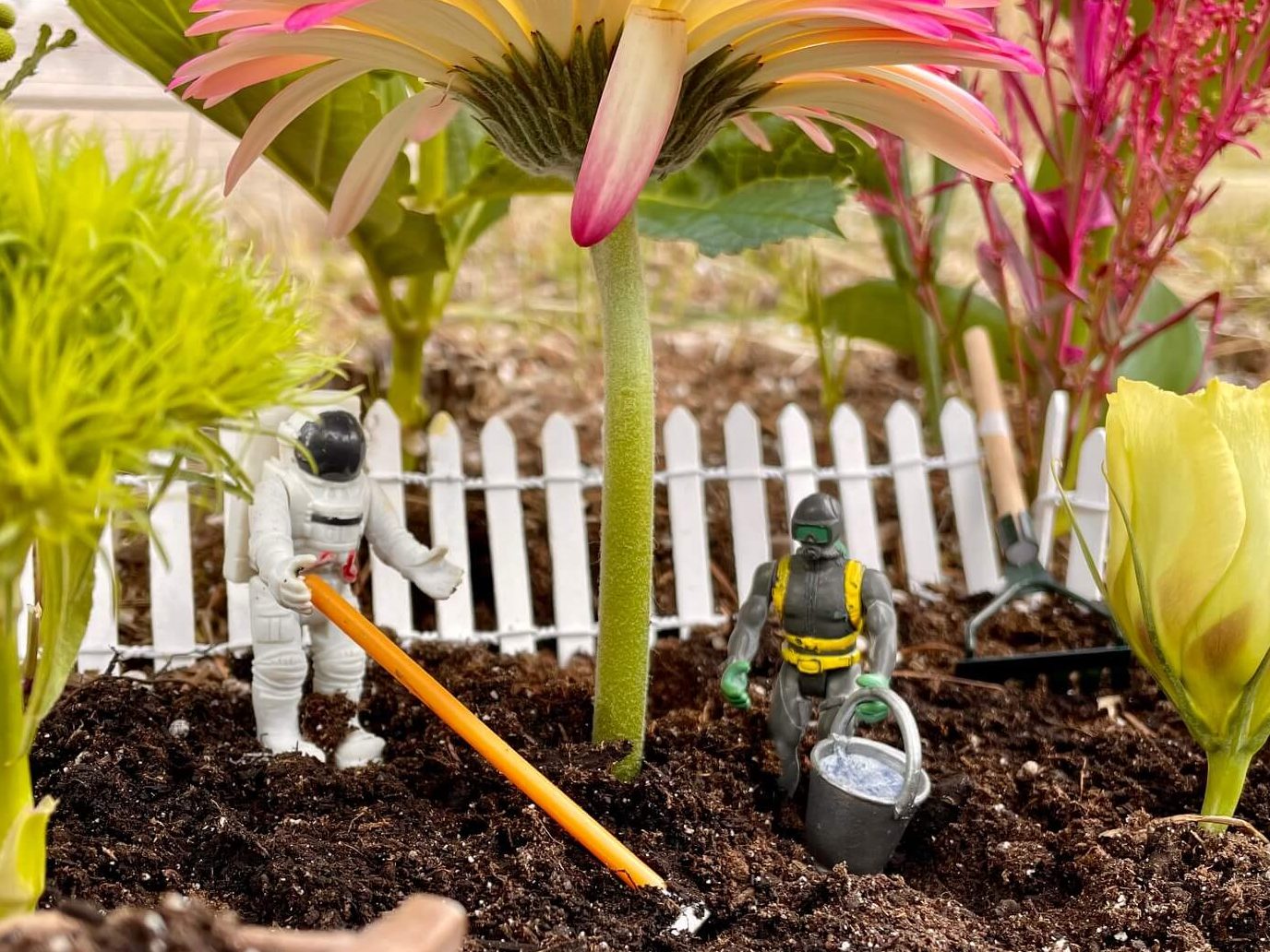 Close up of toys talking and gardening