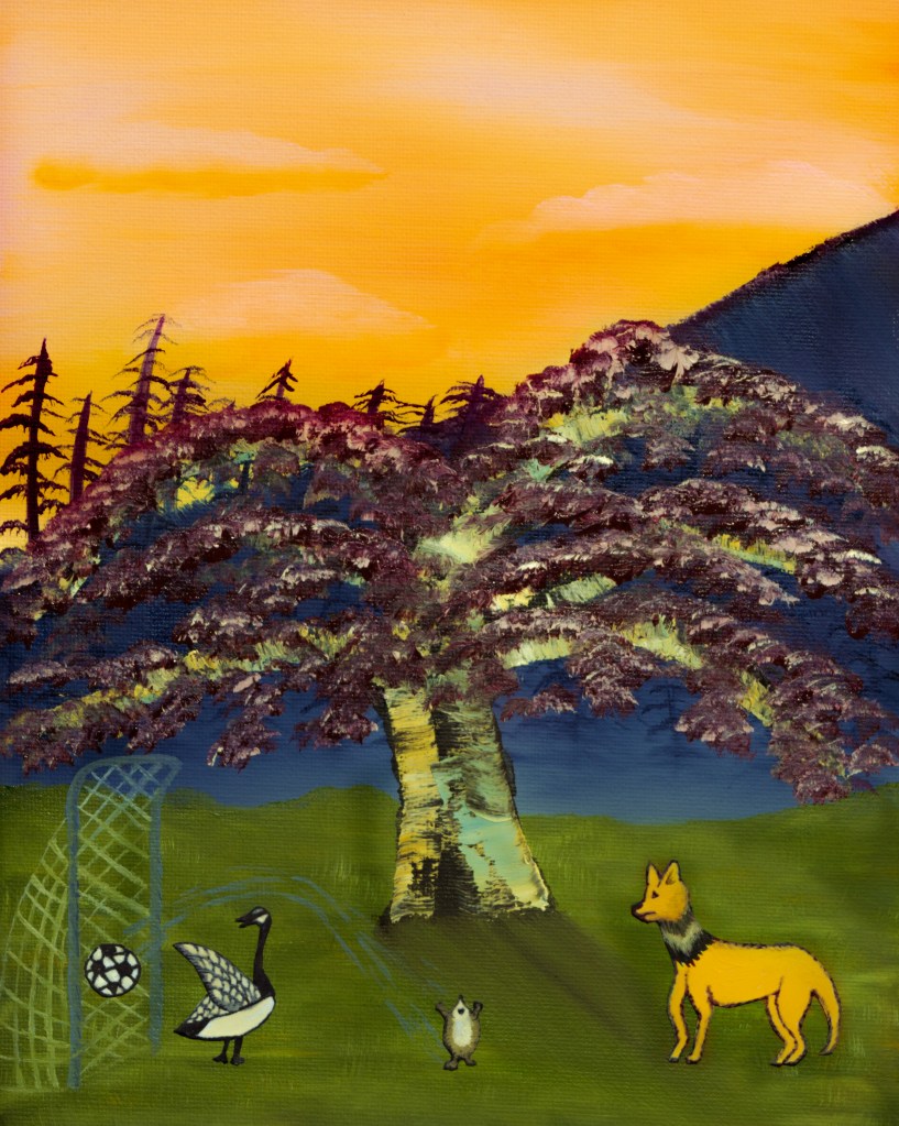 Illustration of Herbie the Hedgehog scoring soccer goals as Cole the Coyote looks sad while watching